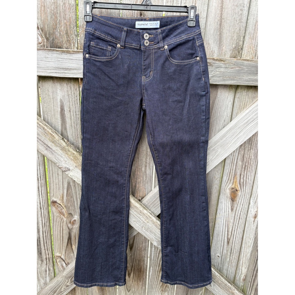 Telepatia Womens Dark Wash Bootcut Jeans Double Button Stretch Denim Size 7/28